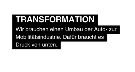 Transformation Wir brauchen einen Umbau der Auto zur Mobilitätsindustrie Dafür braucht es Druck von unten